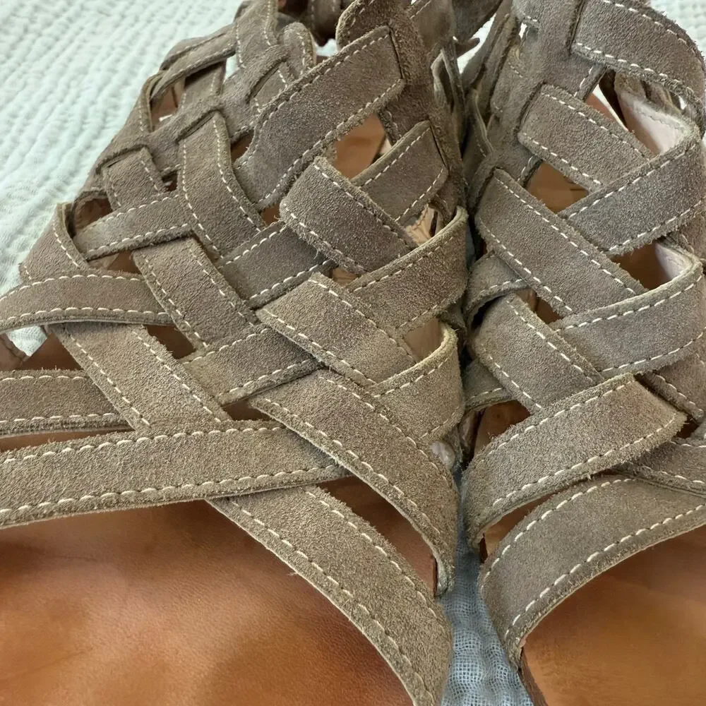 Navyboot Sandals Size 39 Tan Suede Leather Basket Weave Gladiator Ankle Tie